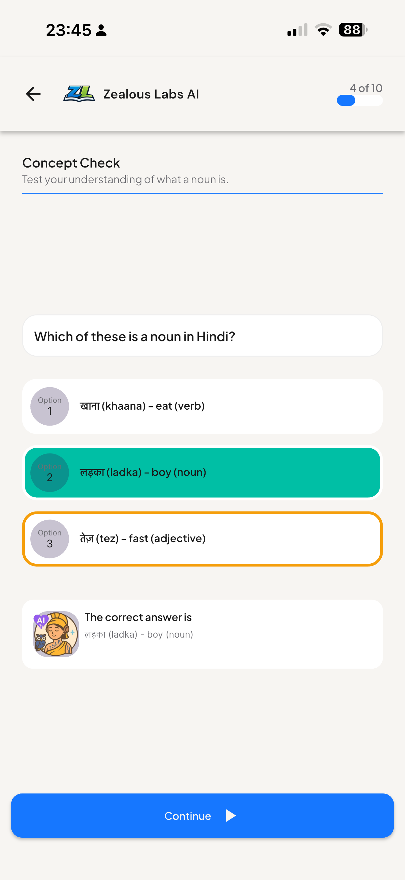 Hindi concept check in Zealous Labs AI