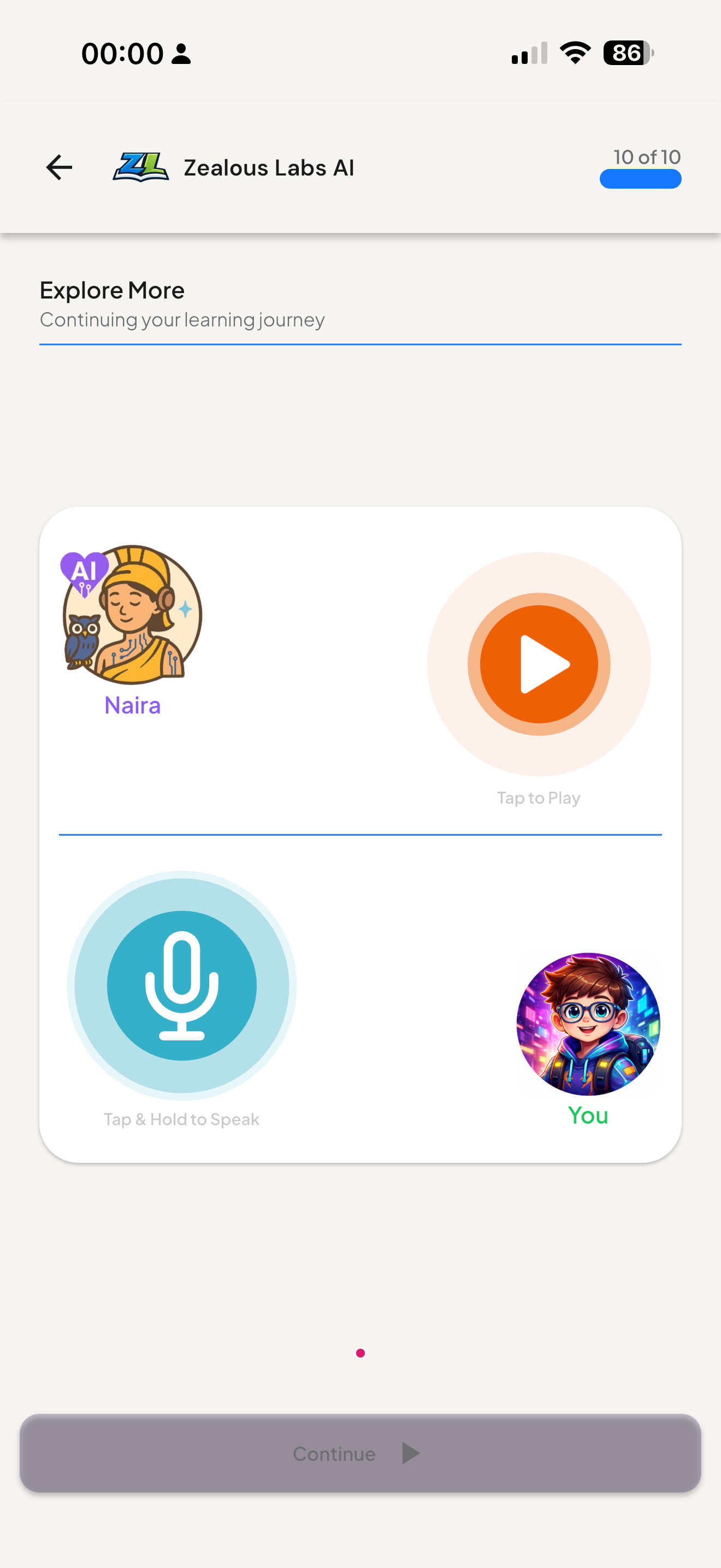 Naira conversation practice in Zealous Labs AI